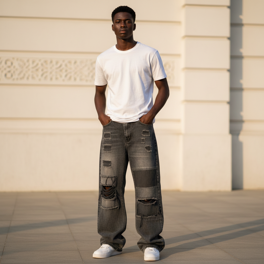 Male model wearing grey sand-washed distressed baggy wide-leg jeans