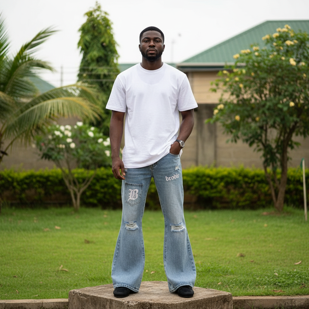 Nigerian male model wearing light blue distressed flare jeans with gothic patch – full body lifestyle shot