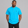 Model wearing turquoise blue stand-collar shirt