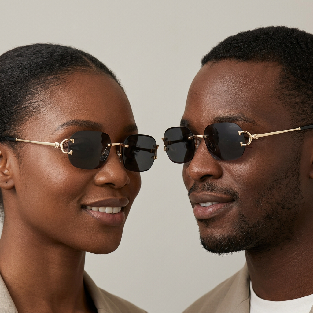 AI-generated man and woman wearing gold-tone dark grey sunglasses