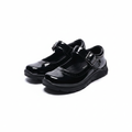 Girls' black patent Mary Jane school shoes with buckle strap and wingtip toe detail — ghost mannequin complete pair