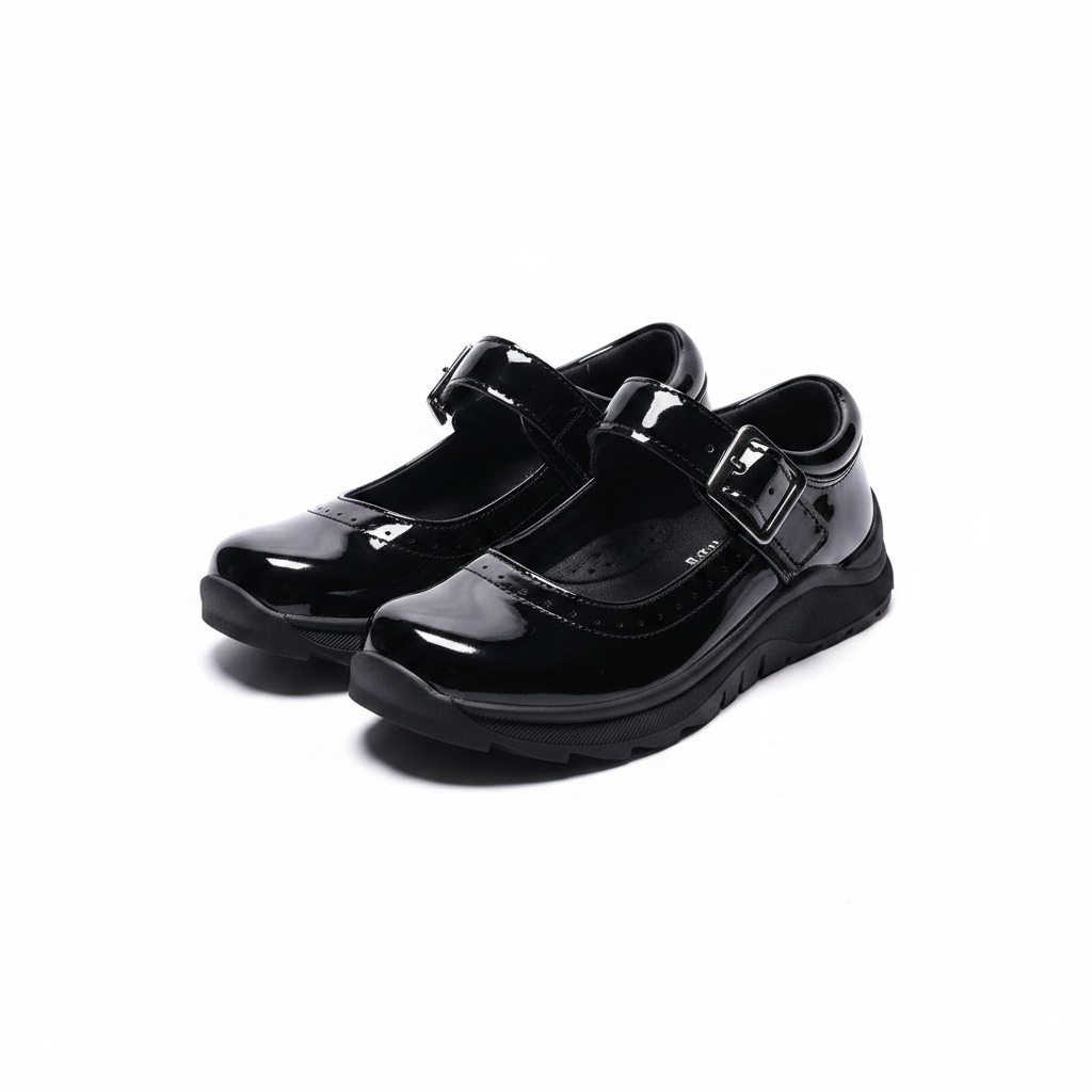 Girls' black patent Mary Jane school shoes with buckle strap and wingtip toe detail — ghost mannequin complete pair