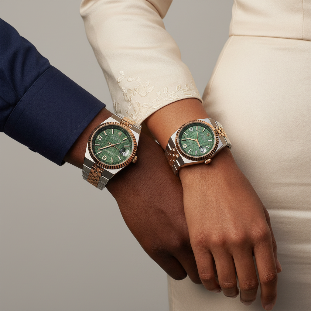 Nigerian male and female model wrist shot — olive green two-tone couple watch