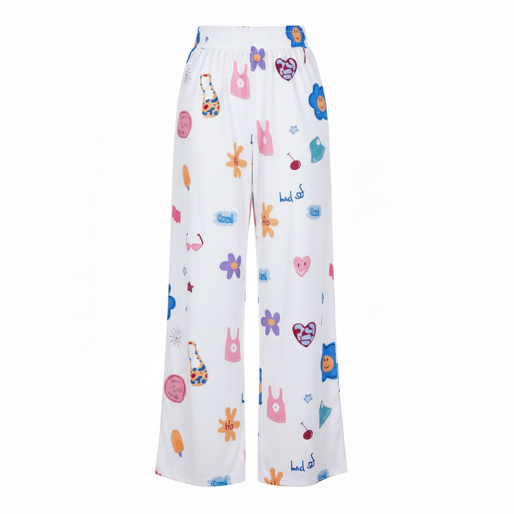White Cartoon Print Wide-Leg Trousers - Ghost Mannequin Back