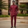 Model wearing burgundy 3/4 sleeve senator set