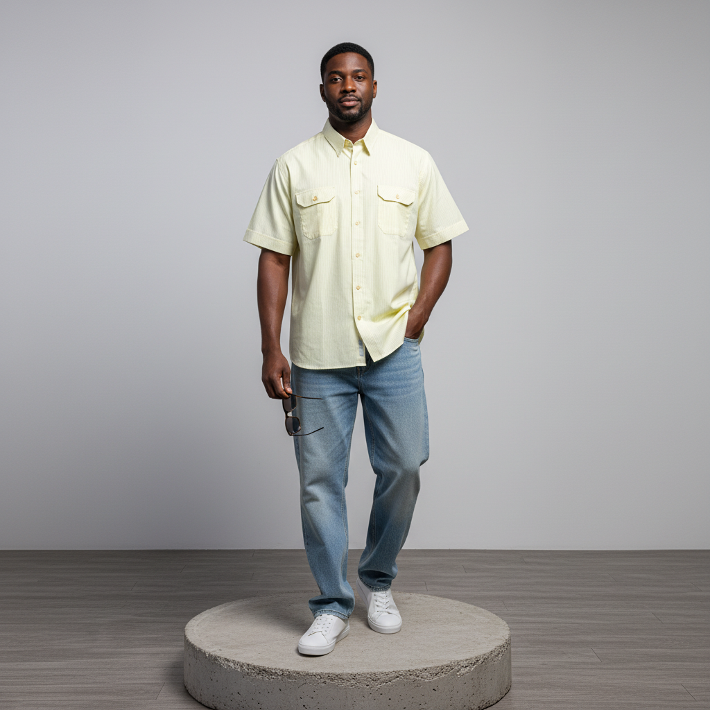 Yellow Pinstripe Short-Sleeved Shirt - Model Shot
