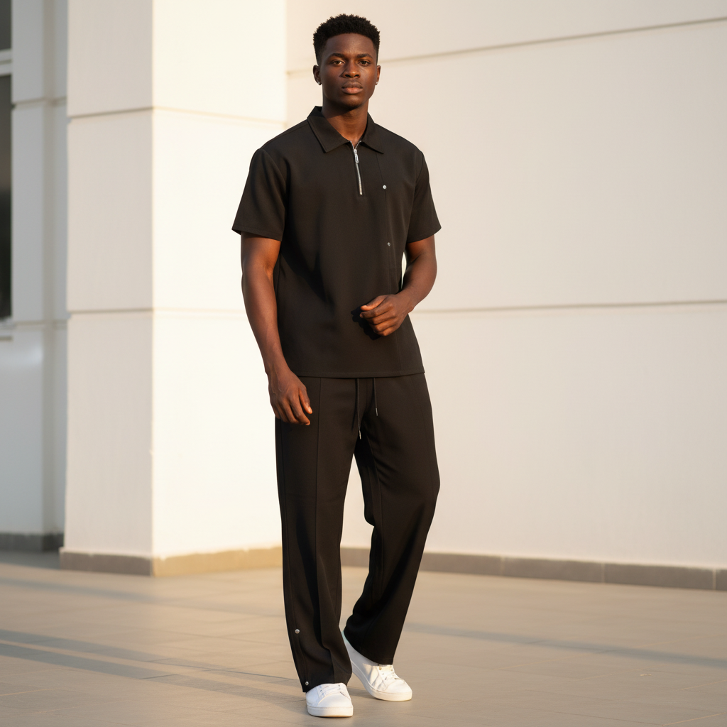 Male model wearing jet black polo and trouser two-piece set