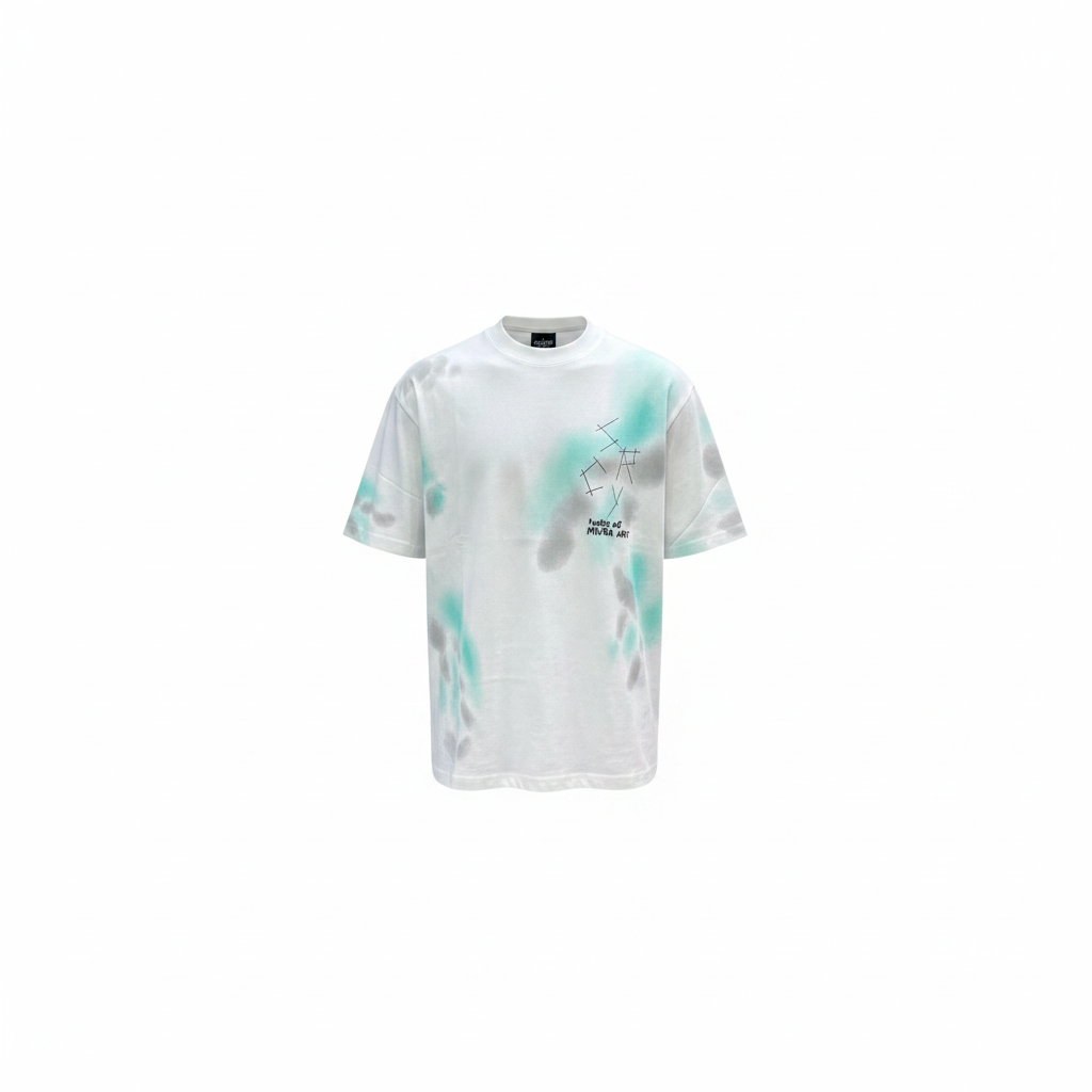 Unisex white teal tie-dye splatter graphic tee – ghost mannequin front view