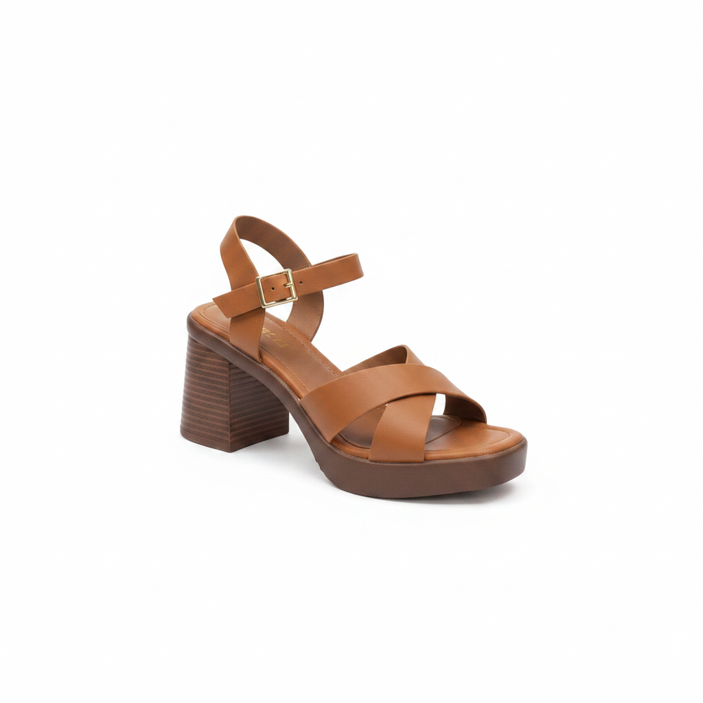 Women's tan brown cross-strap block heel platform sandal — ghost mannequin view