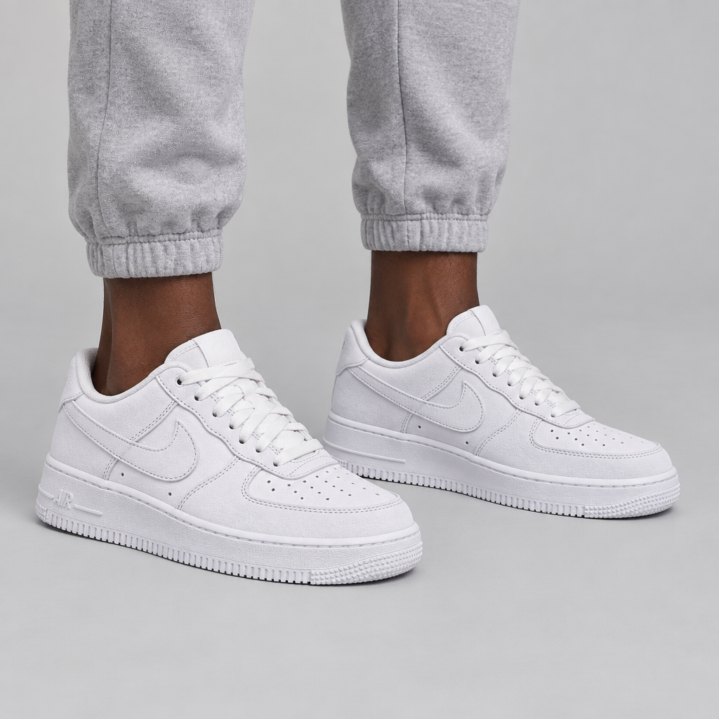 White low-top sneakers worn by a model, shown from the legs down