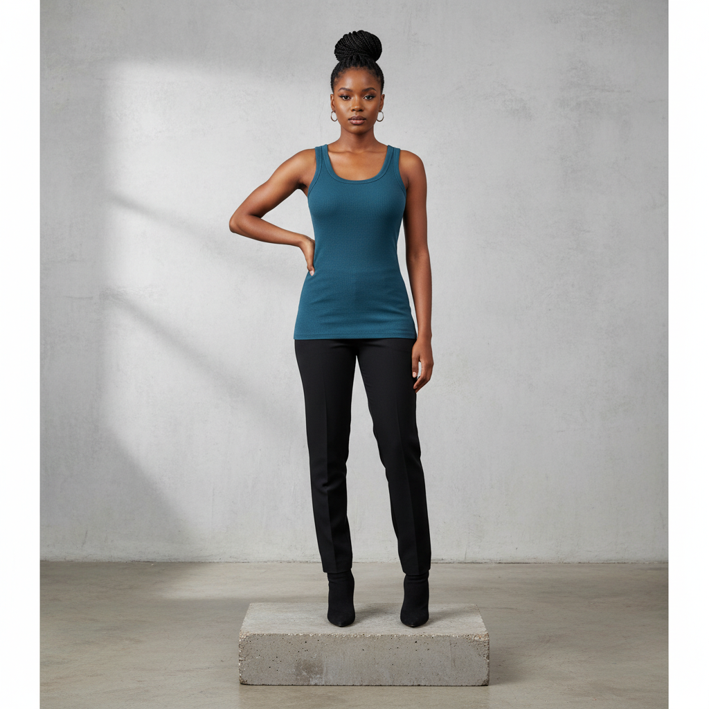 Teal Ribbed Scoop-Neck Sleeveless Top - Model Front