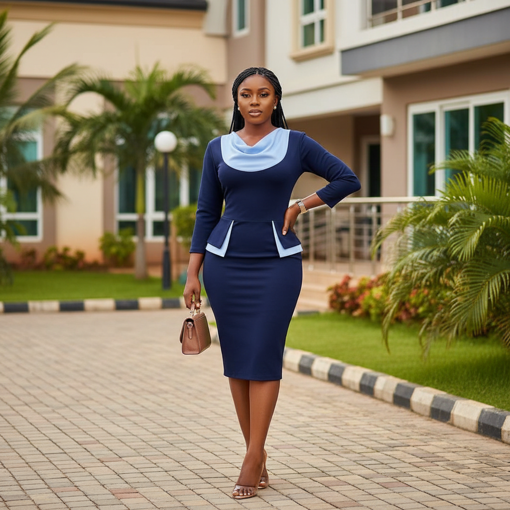 Nigerian female model wearing women's navy and light blue cowl neck peplum bodycon midi dress