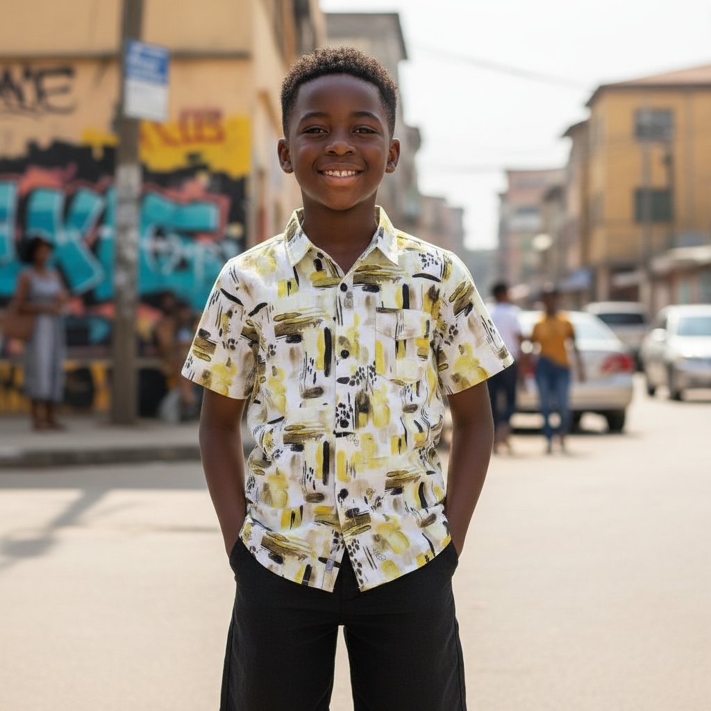 Young Nigerian boy wearing white abstract brushstroke print shirt