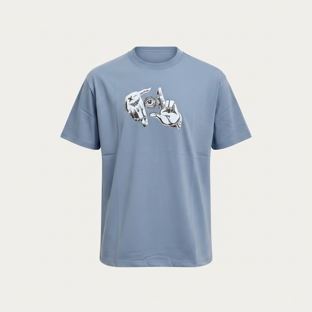 Men's blue hand graphic T-shirt on a ghost mannequin