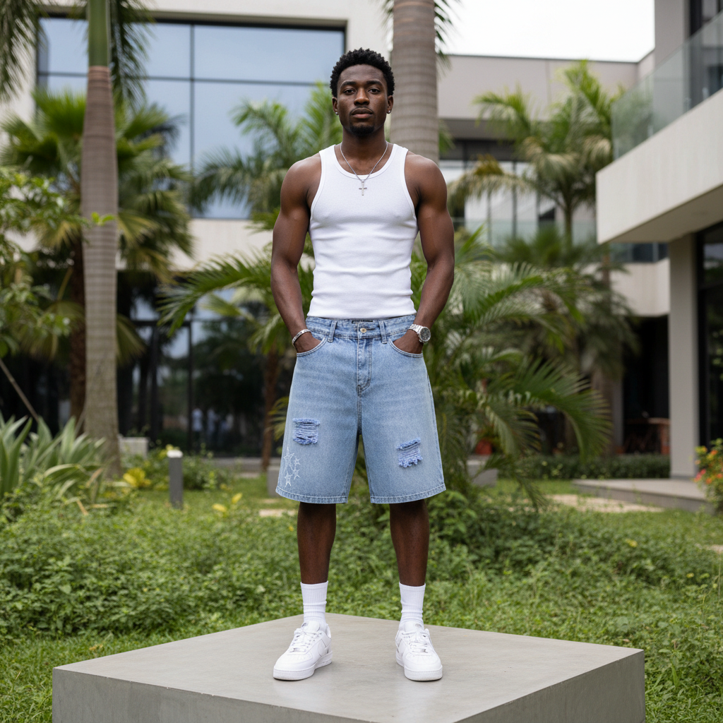 Men's Light Blue Star Embroidery Distressed Denim Shorts – Nigerian Male Model Shot