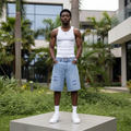Men's Light Blue Star Embroidery Distressed Denim Shorts – Nigerian Male Model Shot