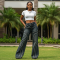 Women's Dark Grey Patchwork Raw-Edge Wide-Leg Denim Jeans - Model Shot