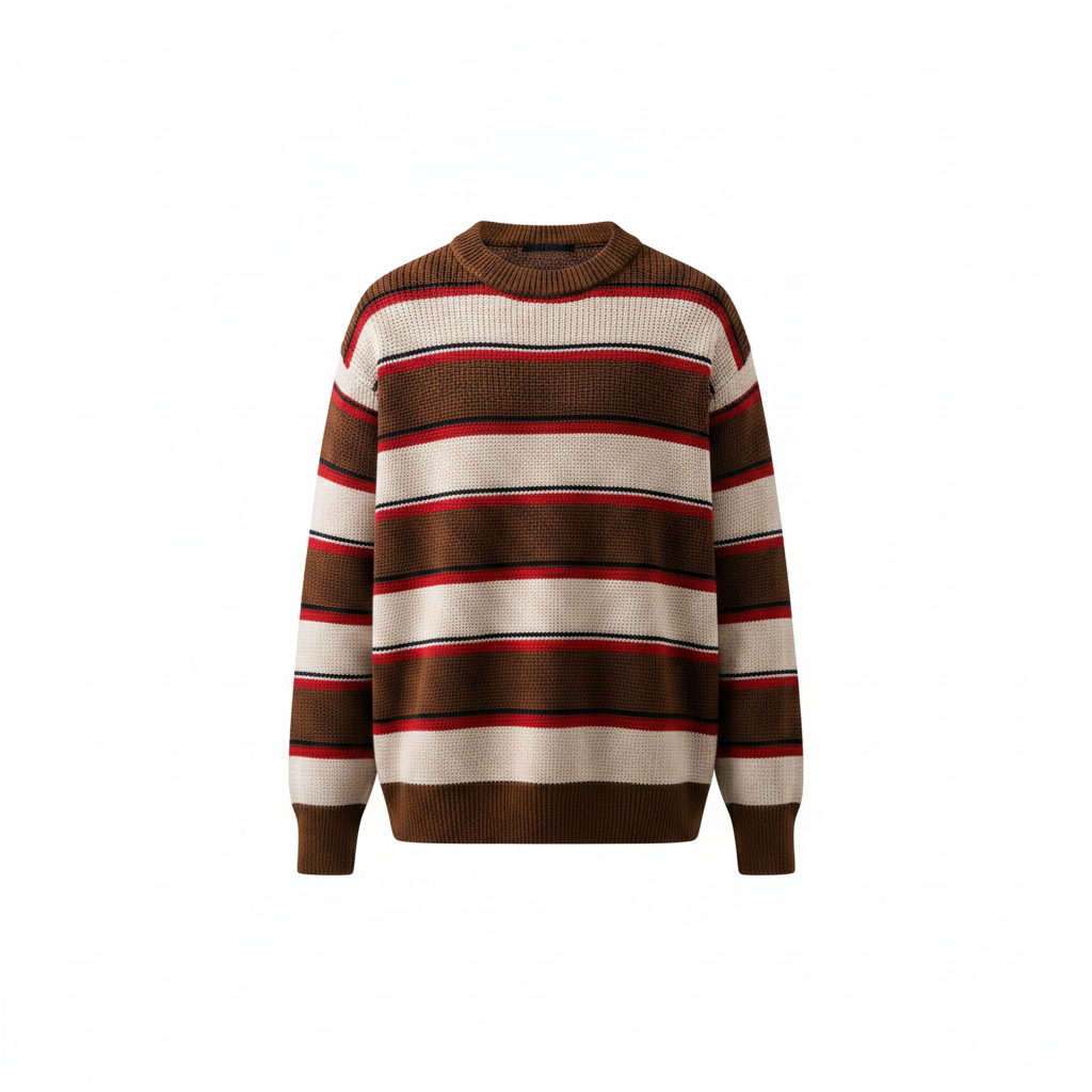 Men's brown red cream stripe knit sweater ghost mannequin front view