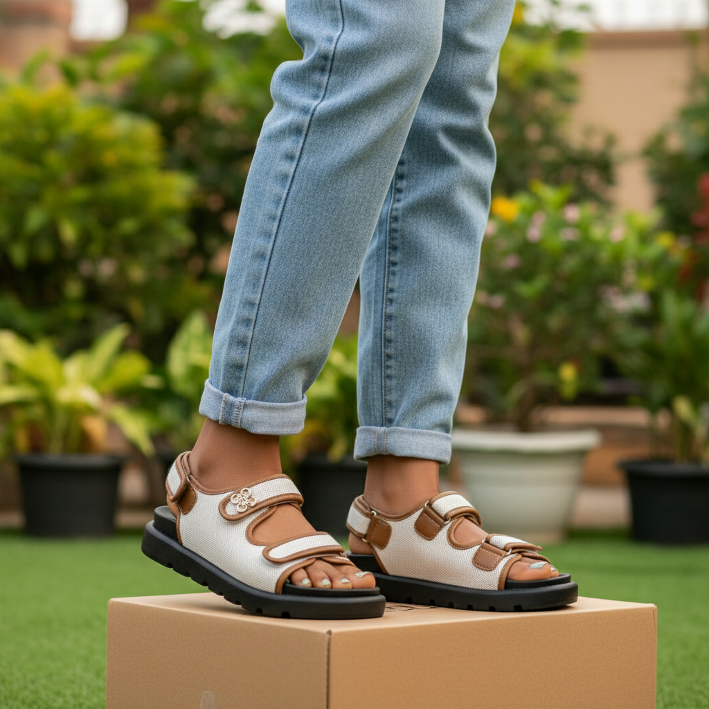 Nigerian female model leg focus wearing cream tan sport dad sandals