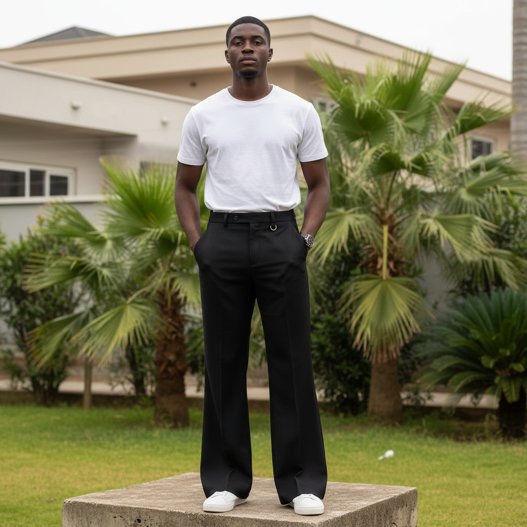 Men's Black Wide-Leg Palazzo Trousers – Nigerian Male Model Shot
