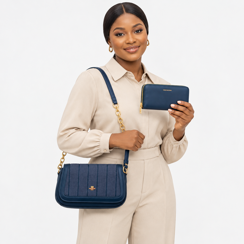 Adult woman carrying a navy shoulder bag and matching wallet