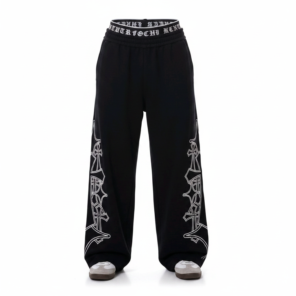 Black wide-leg joggers with gothic cross graphic print, ghost mannequin view