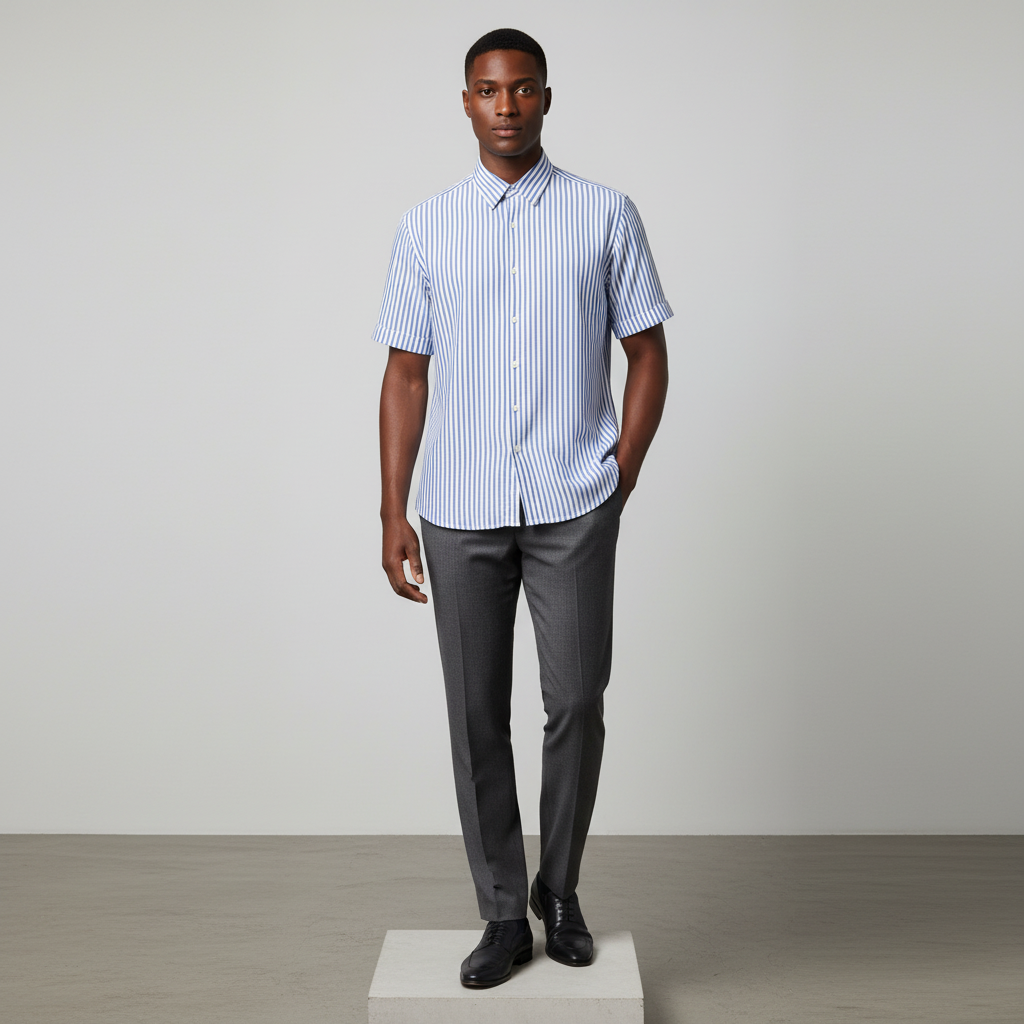 Blue White Striped Short-Sleeved Shirt - Model Front View