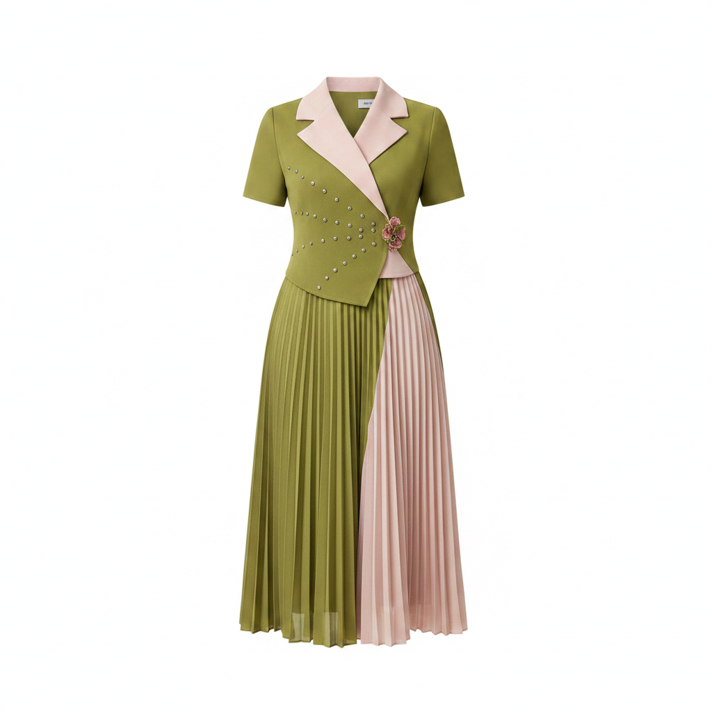 Women's olive green and blush colour-block pleated midi gown – ghost mannequin front view