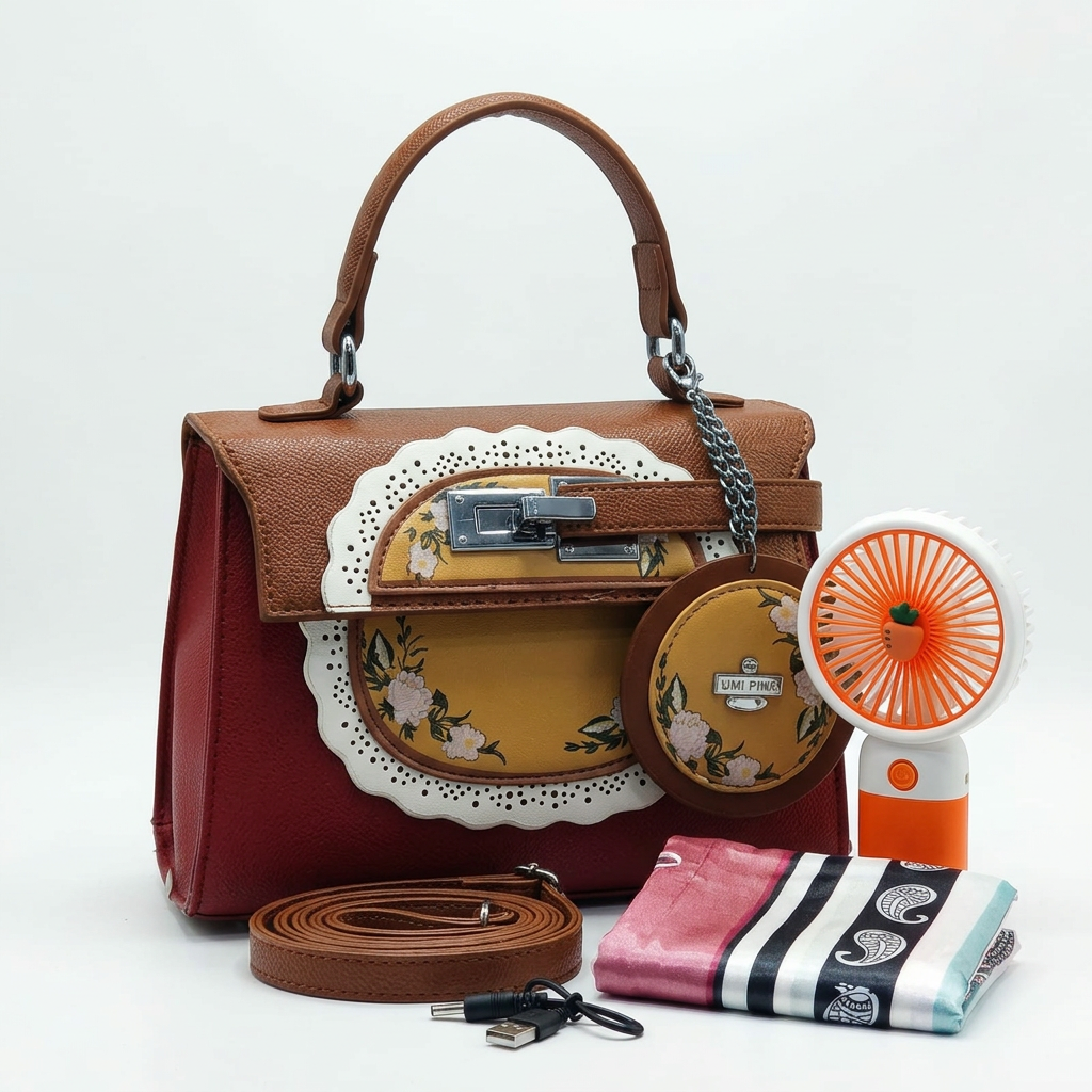 Reddish-brown floral handbag, round pouch, mini fan, strap, scarf and cable on white