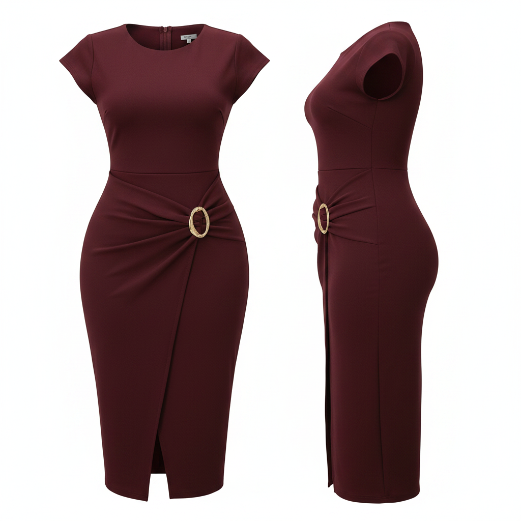 Women's Burgundy Belted Bodycon Midi Dress – Ghost Mannequin Front and Side View