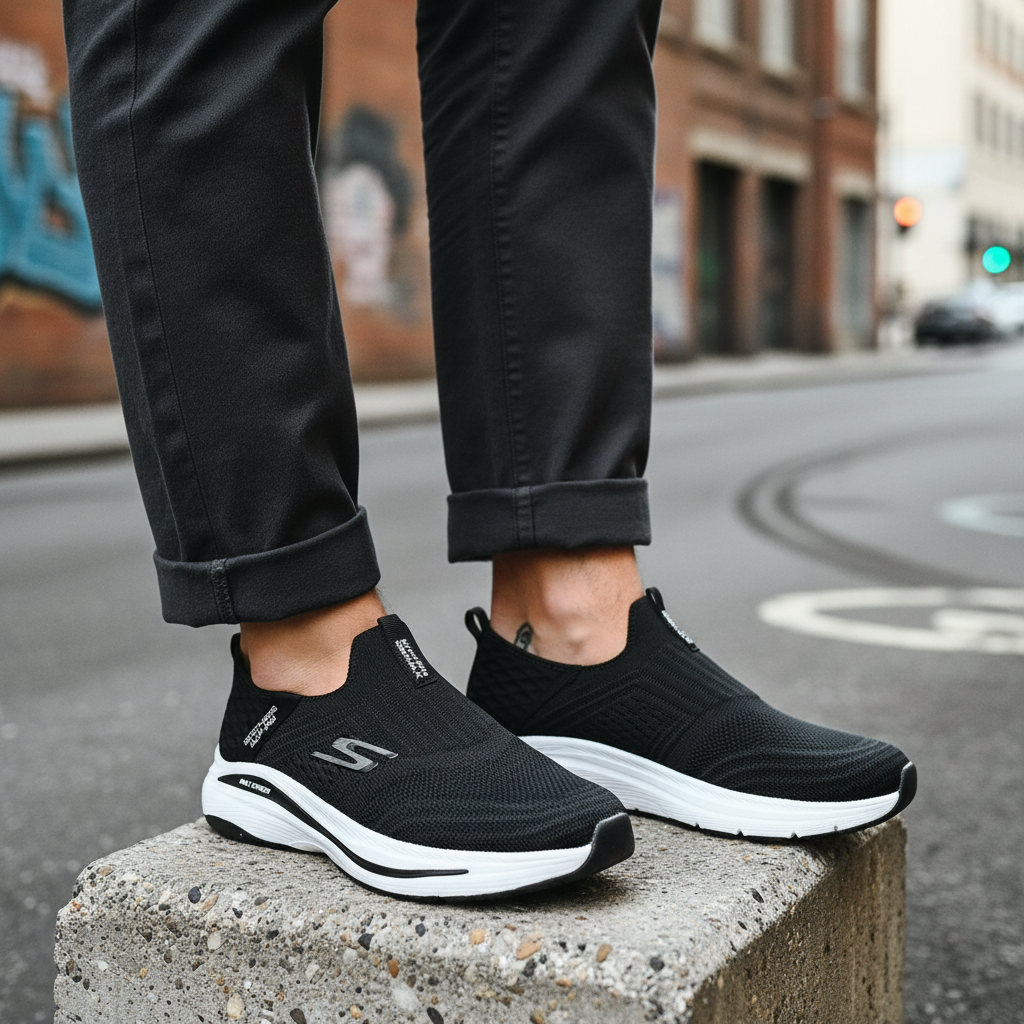 Model wearing all-black knit laceless slip-on running sneakers with white sole leg shot
