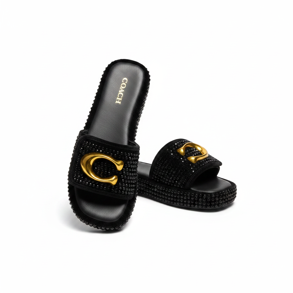 Women's Rhinestone Emblem Flat Slide Slipper - Black Crystal Design Ghost Mannequin