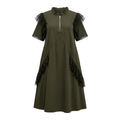 Olive-green A-line midi dress with black ruffle trim on an invisible mannequin