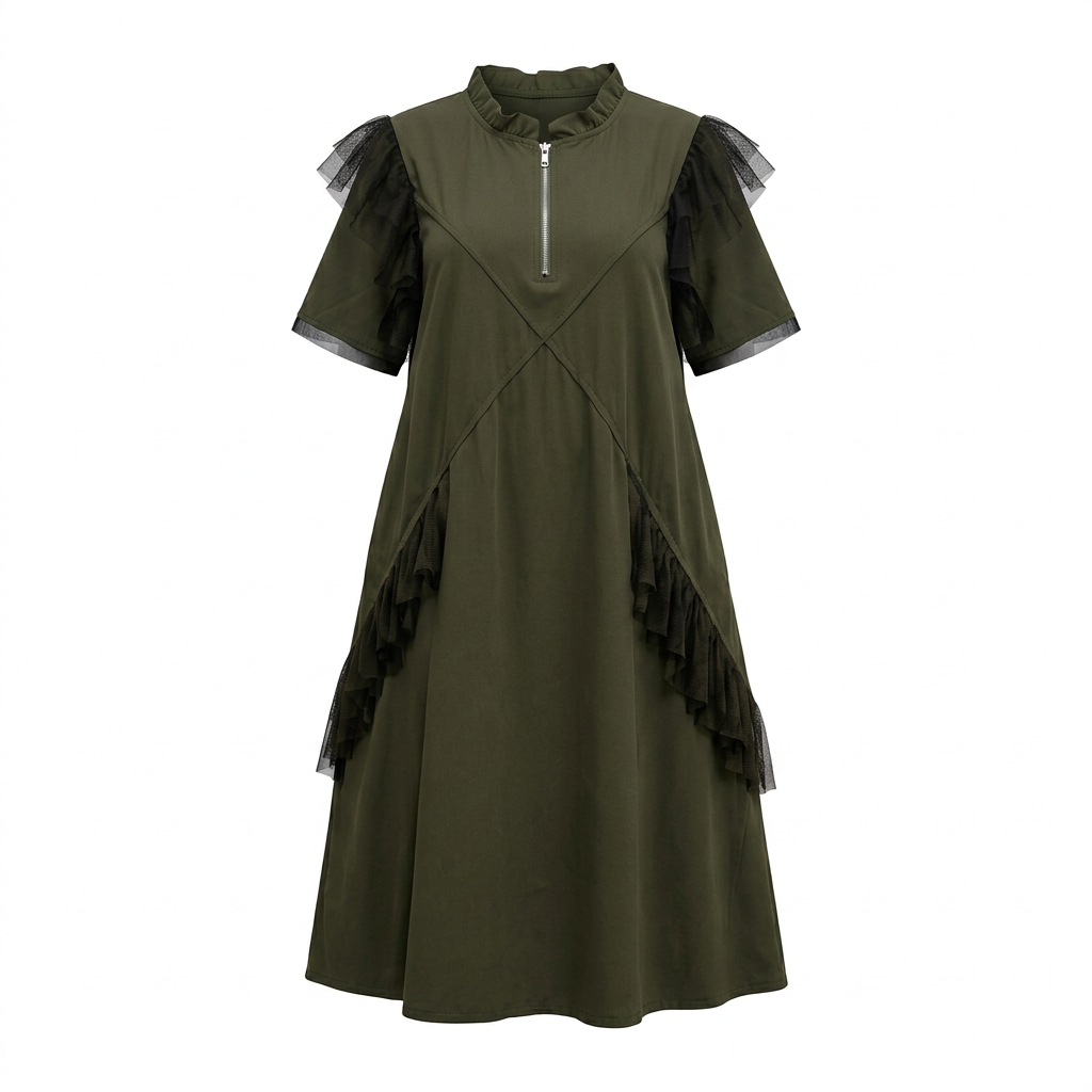 Olive-green A-line midi dress with black ruffle trim on an invisible mannequin