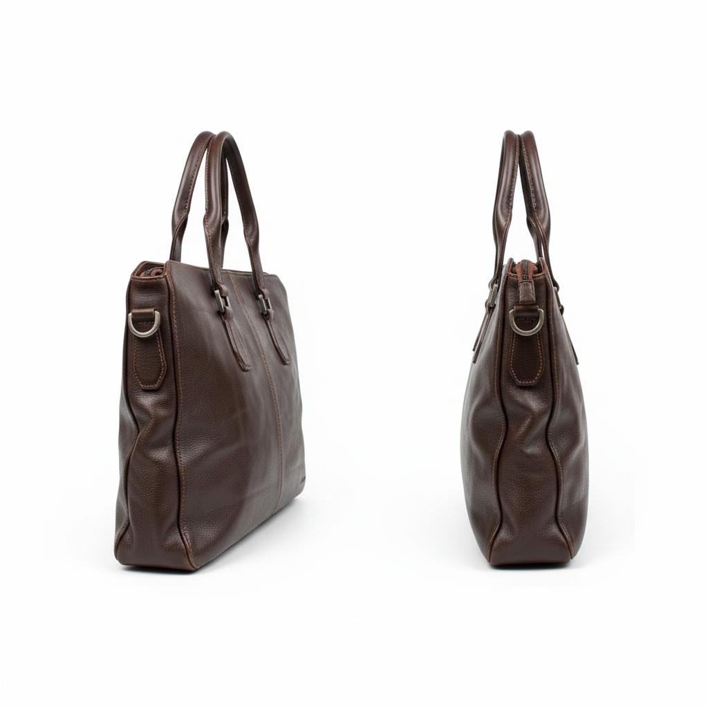 Ghost mannequin style men's leather office bag catalog shot, front and side view