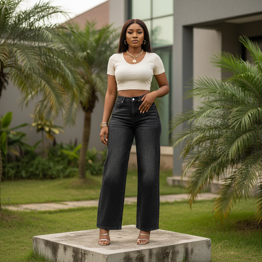 Nigerian female model wearing women's washed black high-waist wide-leg straight denim jeans, garden setting