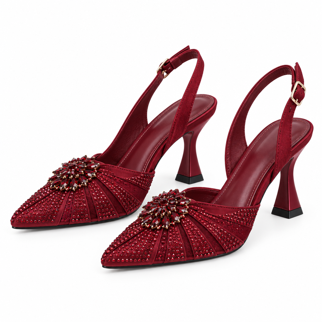 Crystal Brooch Embellished Slingback Heel – Wine