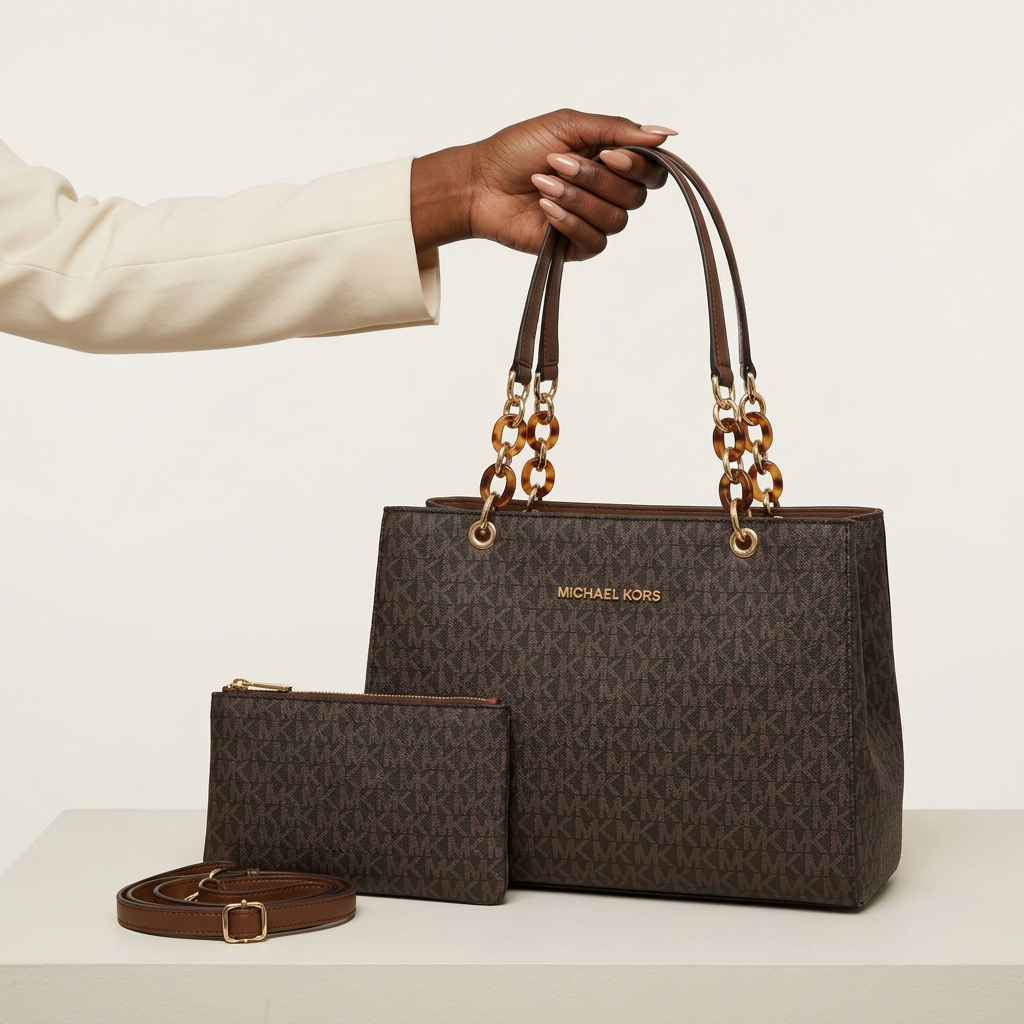 Brown monogram tote held by a Black woman's manicured hand, with matching purse and strap