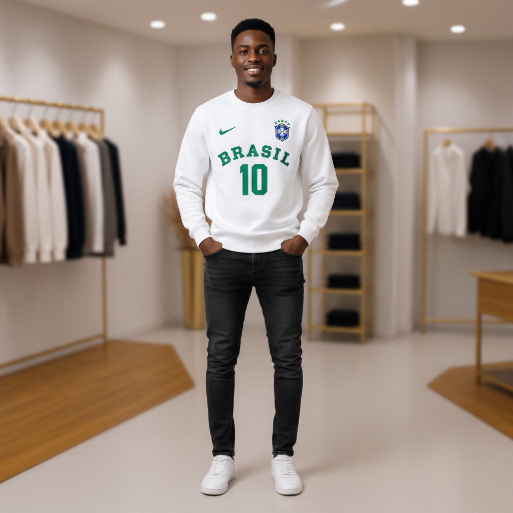 Brasil #10 White Crew-Neck Sweatshirt – Model Shot