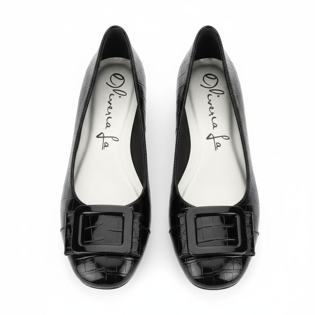 Women's black croc-embossed patent buckle flat shoe - ghost mannequin pair view