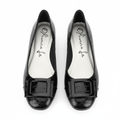 Women's black croc-embossed patent buckle flat shoe - ghost mannequin pair view
