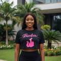 Model shot — Women's Black Graphic Swan Print Crop Top