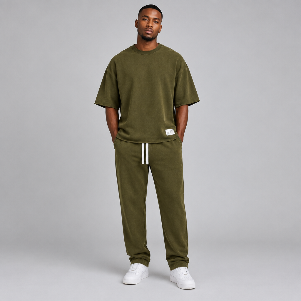Nigerian male model wearing olive oversized t-shirt and jogger tracksuit set