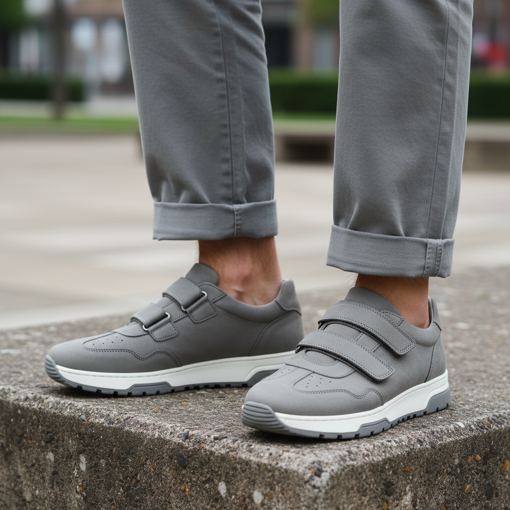 Model wearing grey leather double velcro-strap walking sneakers leg shot