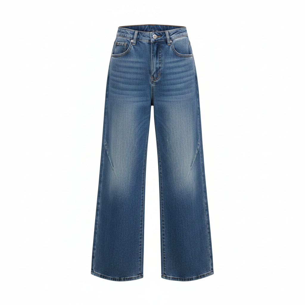 Girls' high-waist wide-leg vintage indigo panel jeans — ghost mannequin view