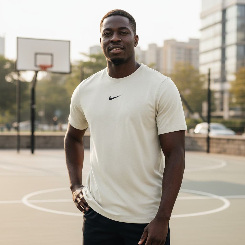 Black Nigerian male model wearing off-white premium sport jersey on basketball court