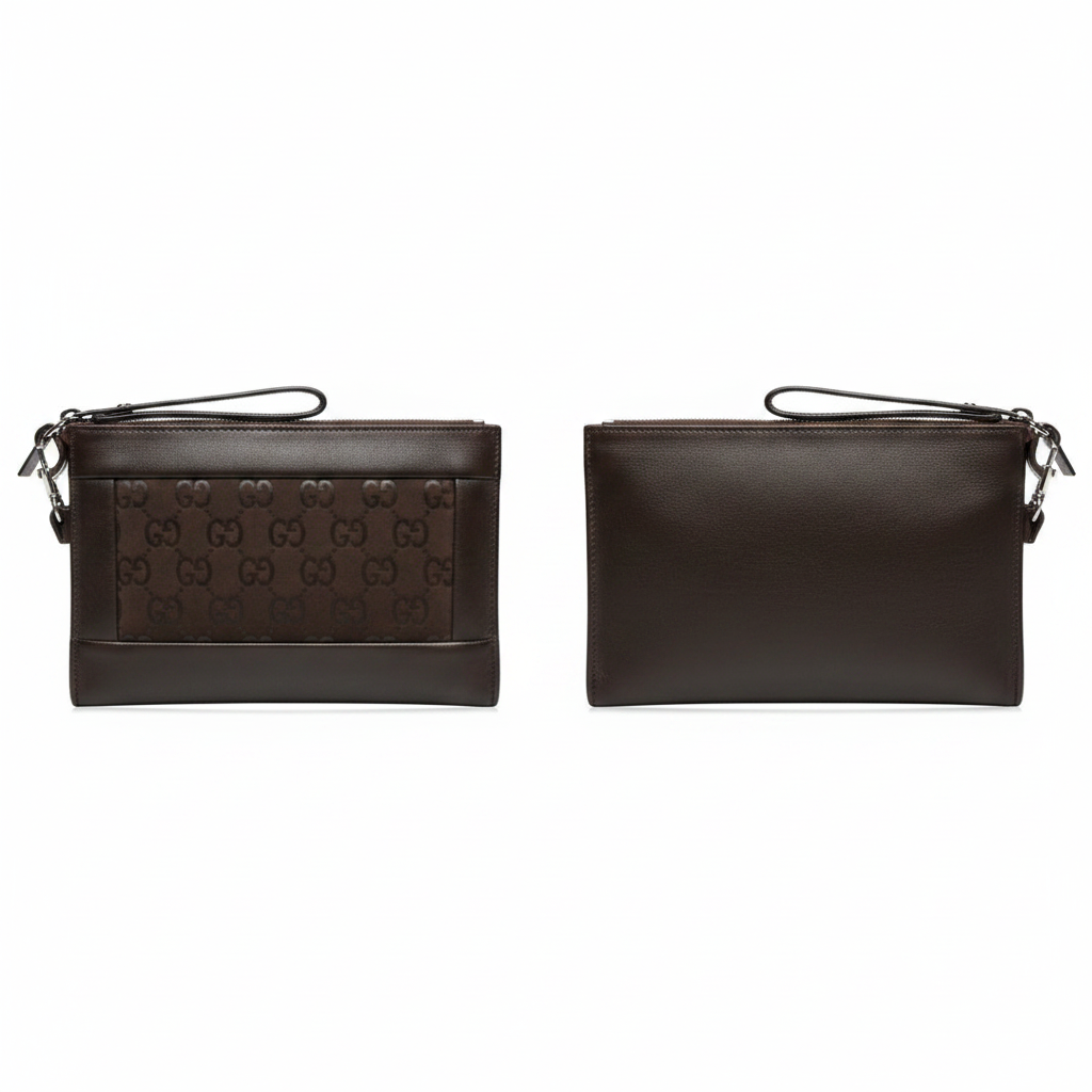 Sobar brown monogram leather men's clutch ghost mannequin front and back view