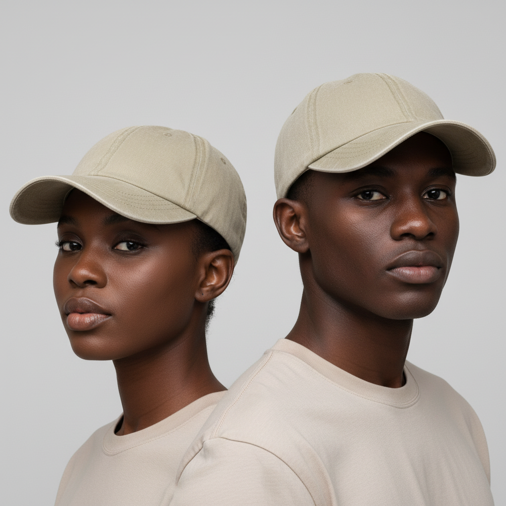Nigerian female and male models wearing plain washed light khaki beige baseball cap