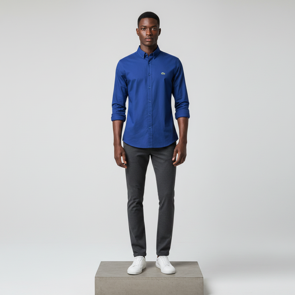 Nigerian male model wearing cobalt blue plain long-sleeved shirt, front view