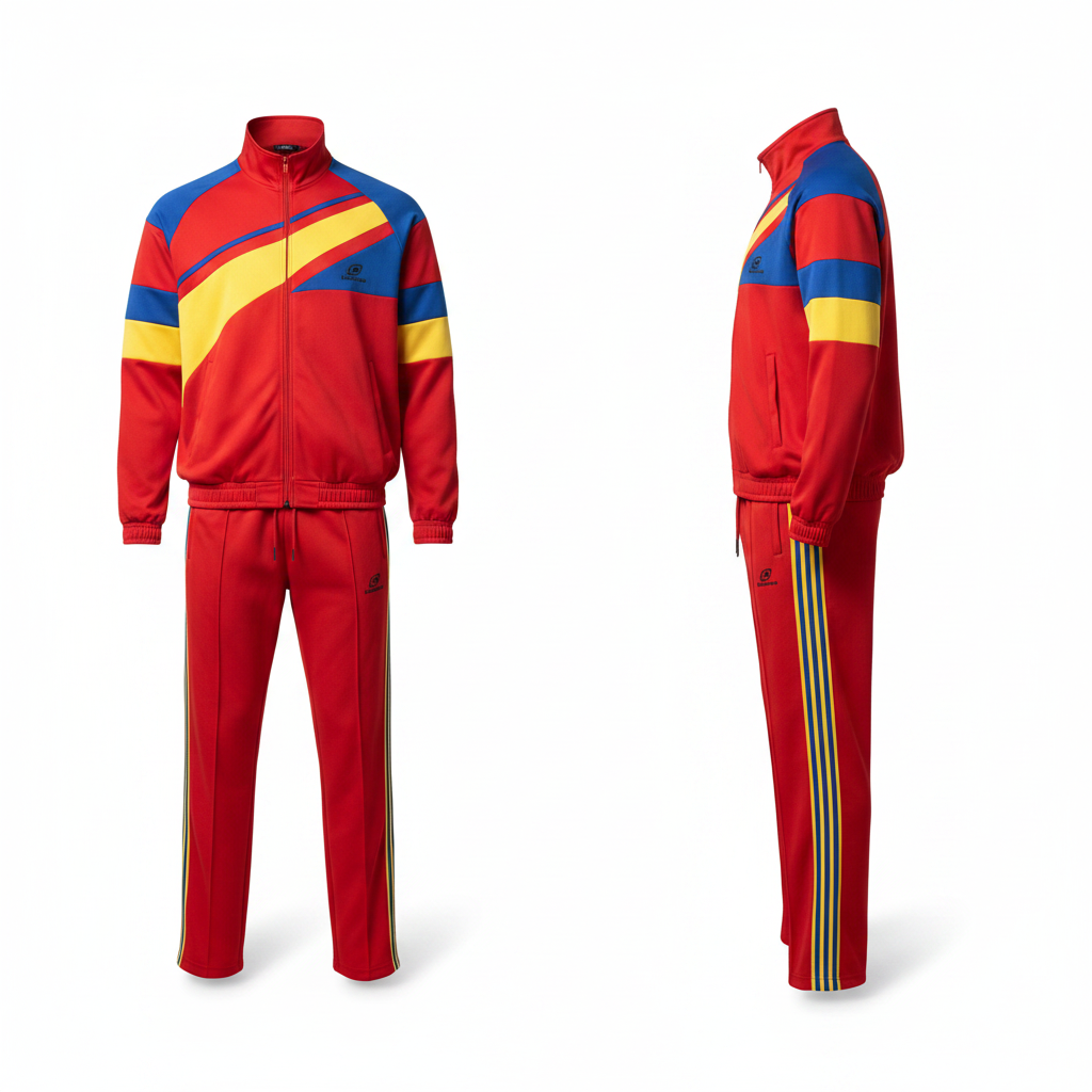 Men's red colour-block stripe tracksuit set ghost mannequin front and side view